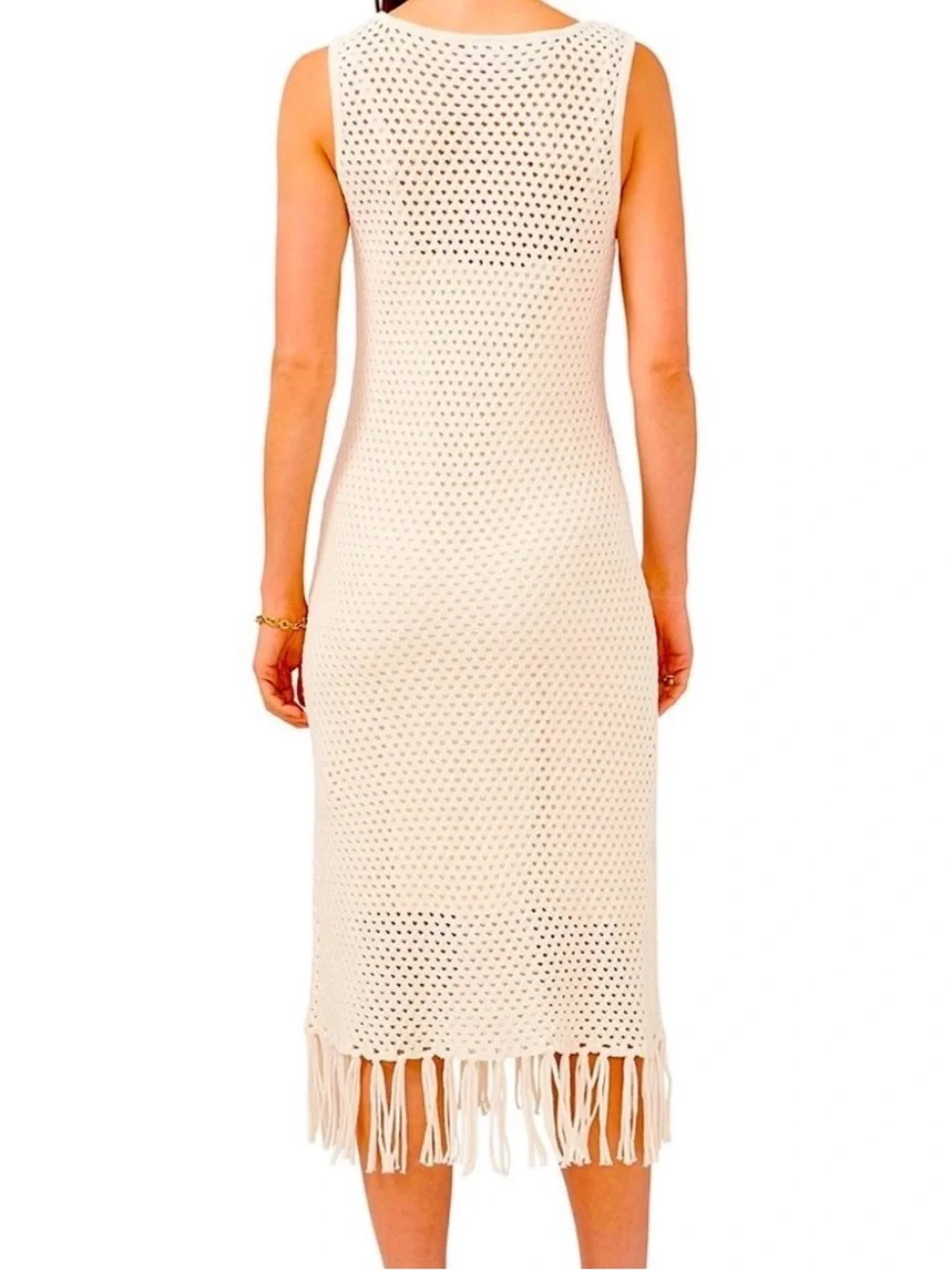 Vince Camuto Ivory crochet dress with fringe, size L EUC